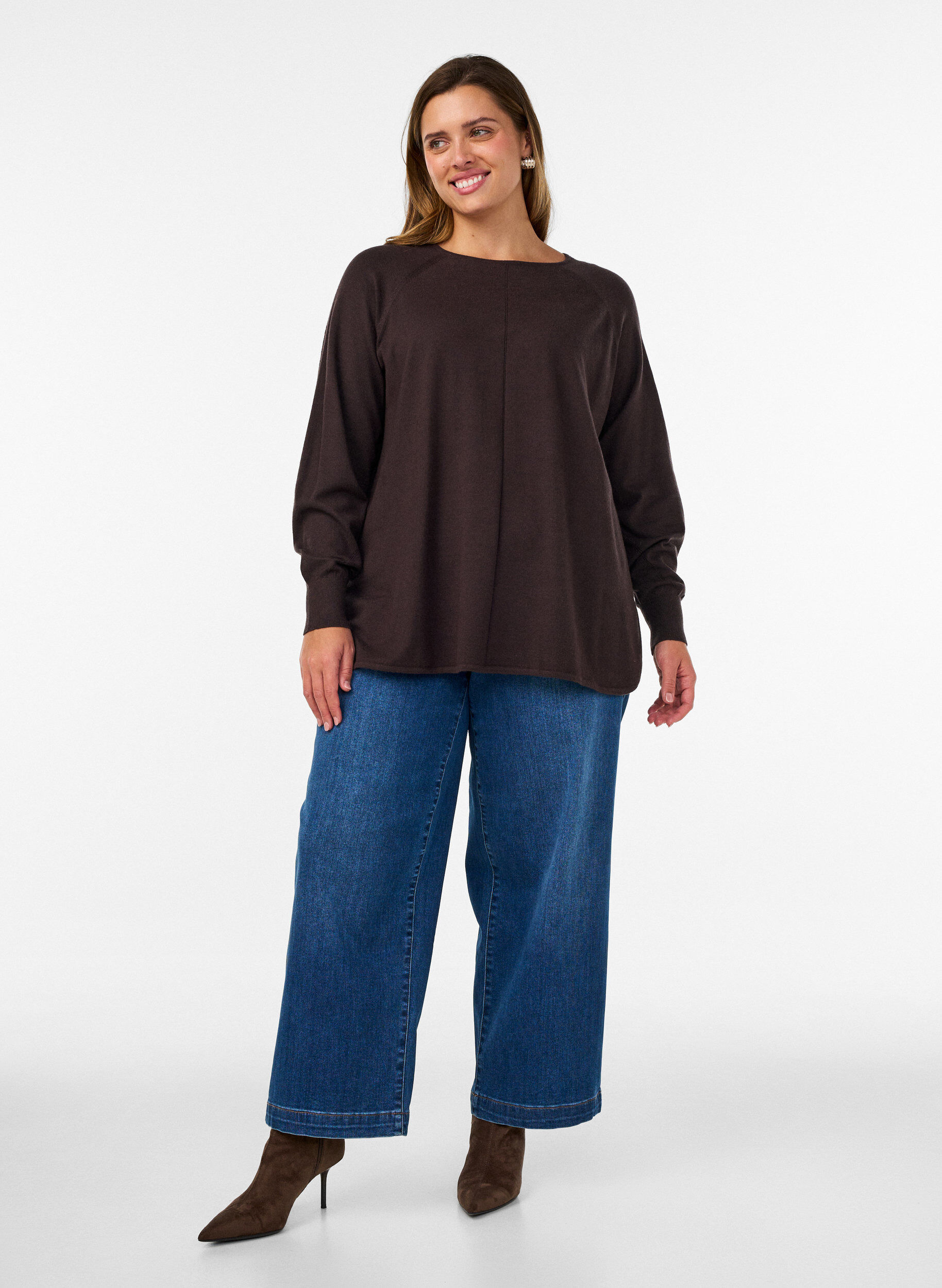 ZizziStrickbluse mit Rundhalsausschnitt und Strickmuster, Braun, Model image number 1