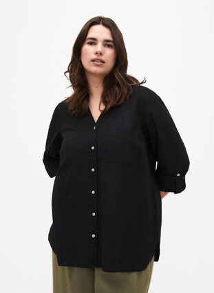 Hemdbluse mit Knopfverschluss aus Baumwoll-Leinen-Gemisch, Black, Model image number 0
