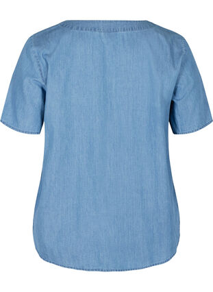 Kurzarm Denim Bluse aus Baumwolle, Medium Blue Denim, Packshot image number 1