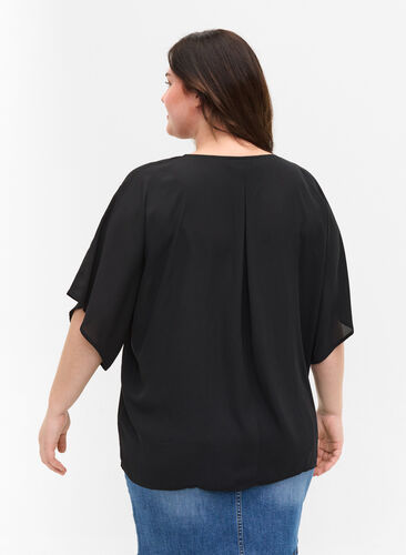 Bluse mit V-Ausschnitt und Fledermausärmeln, Black, Model image number 1
