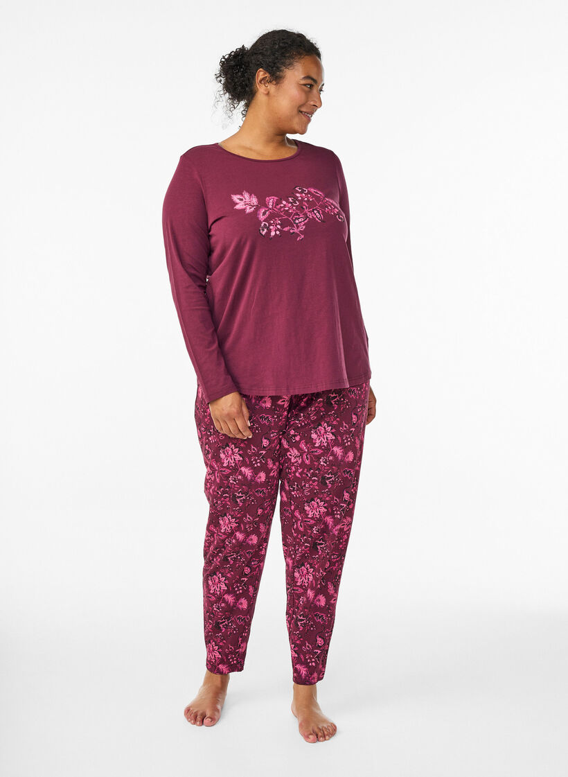 Cotton Pyjamas Hose mit Druck, Dunkles Bordeaux, Model image number 0
