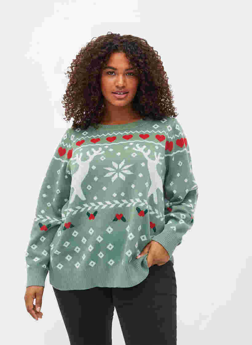 Weihnachtspullover, Hedge Green Comb, Model