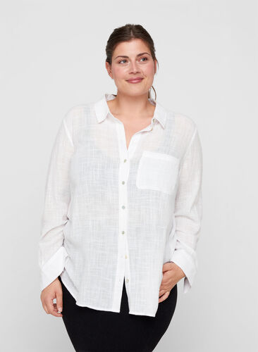 Langarm Hemdbluse aus strukturierter Baumwolle, White, Model image number 0