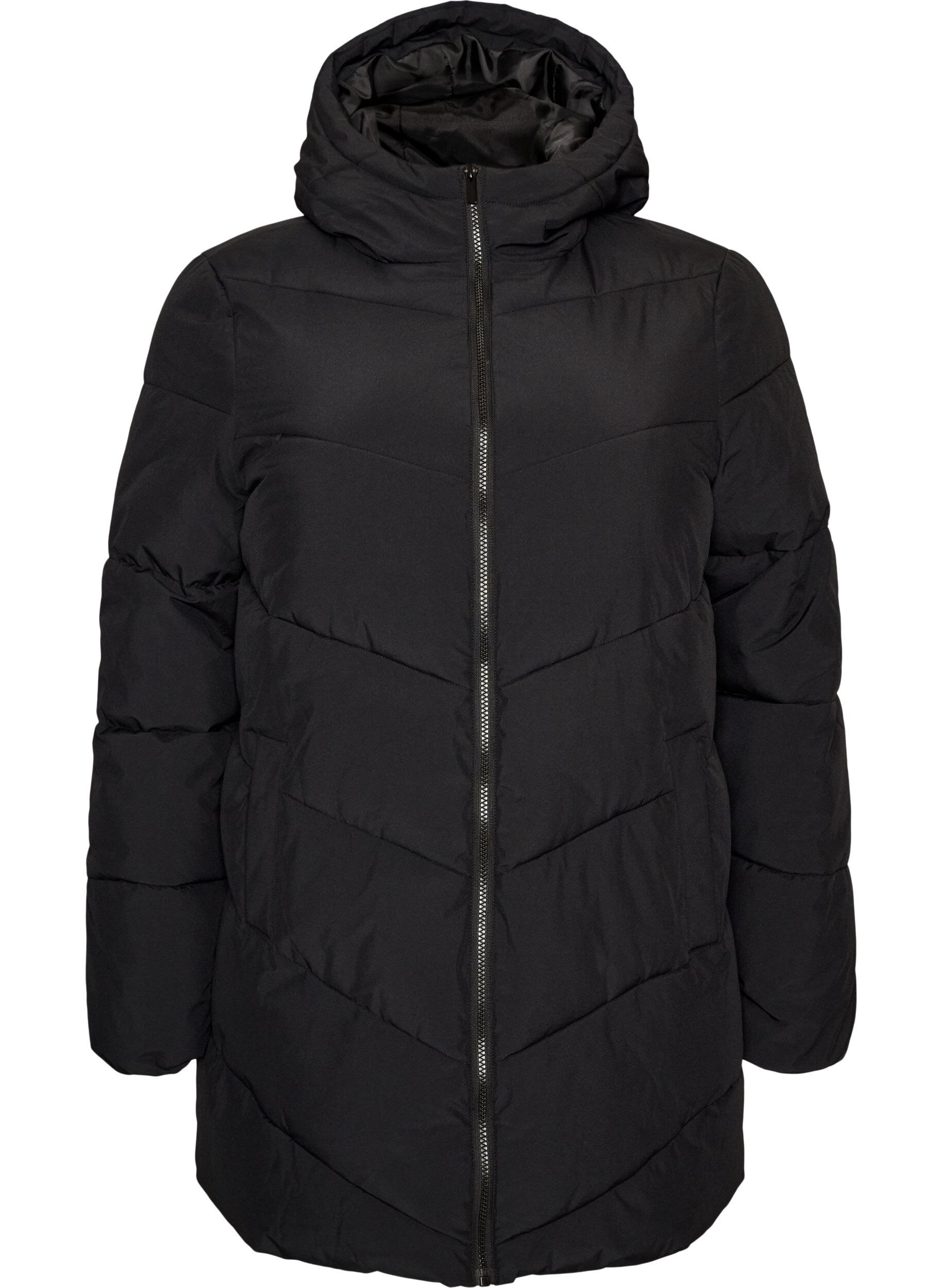ZizziMittellange Steppjacke mit Kapuze, Schwarz, Packshot image number 0