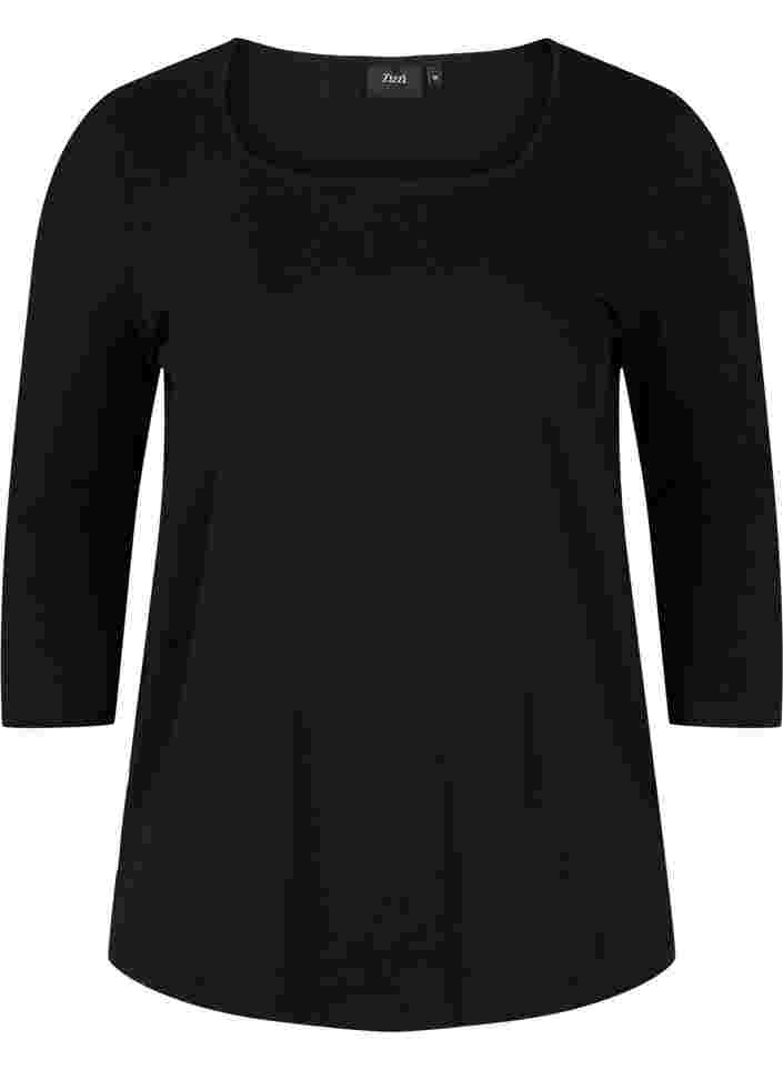 Einfarbiges T-Shirt aus Baumwolle mit 3/4-Ärmeln, Black, Packshot image number 0