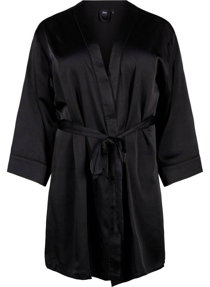 Satin-Kimono mit Gürtel, Black, Packshot image number 0