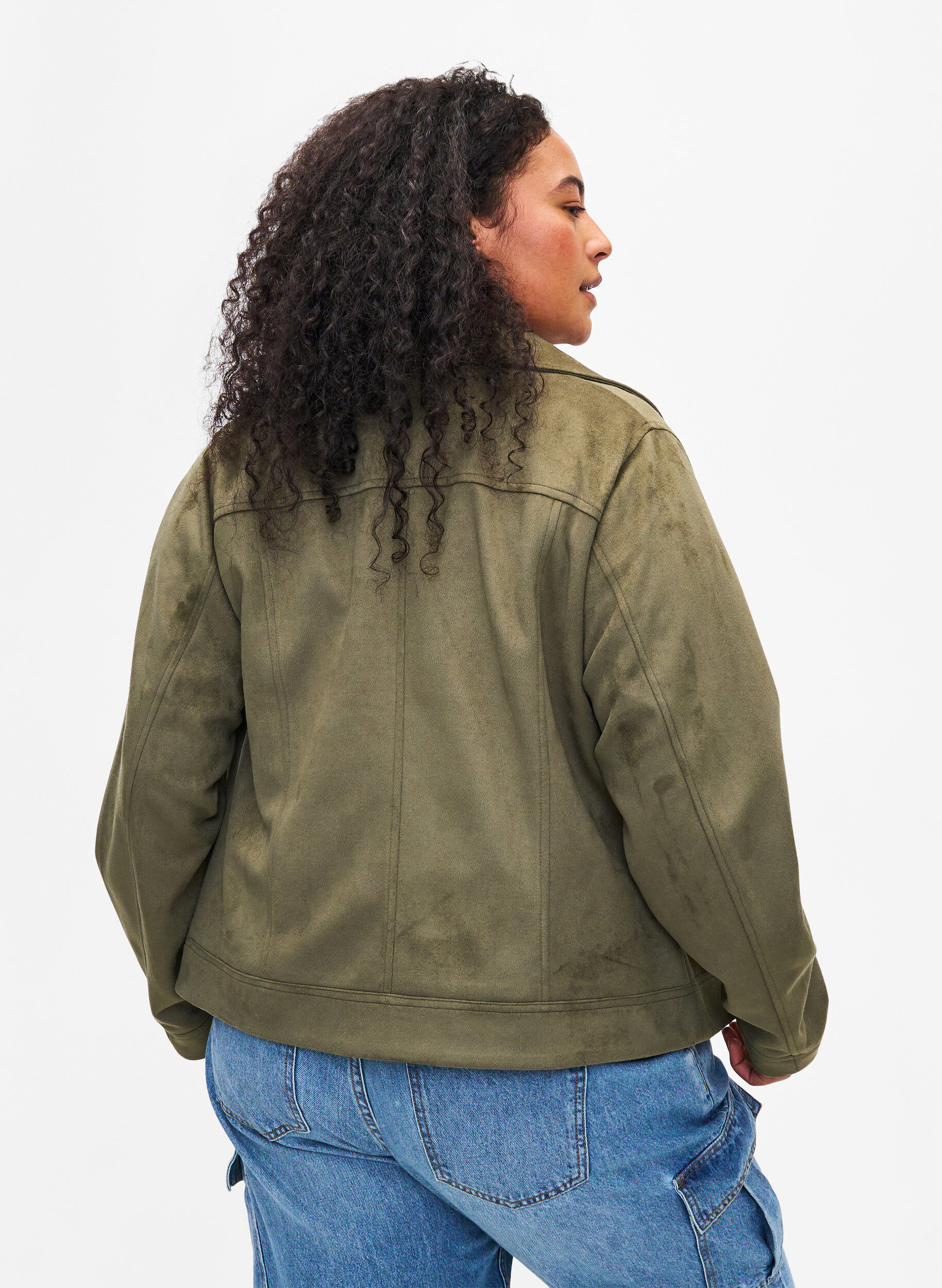 Zizzi Bikerjacke aus Wildlederimitat, Dusty Olive, Model image number 1