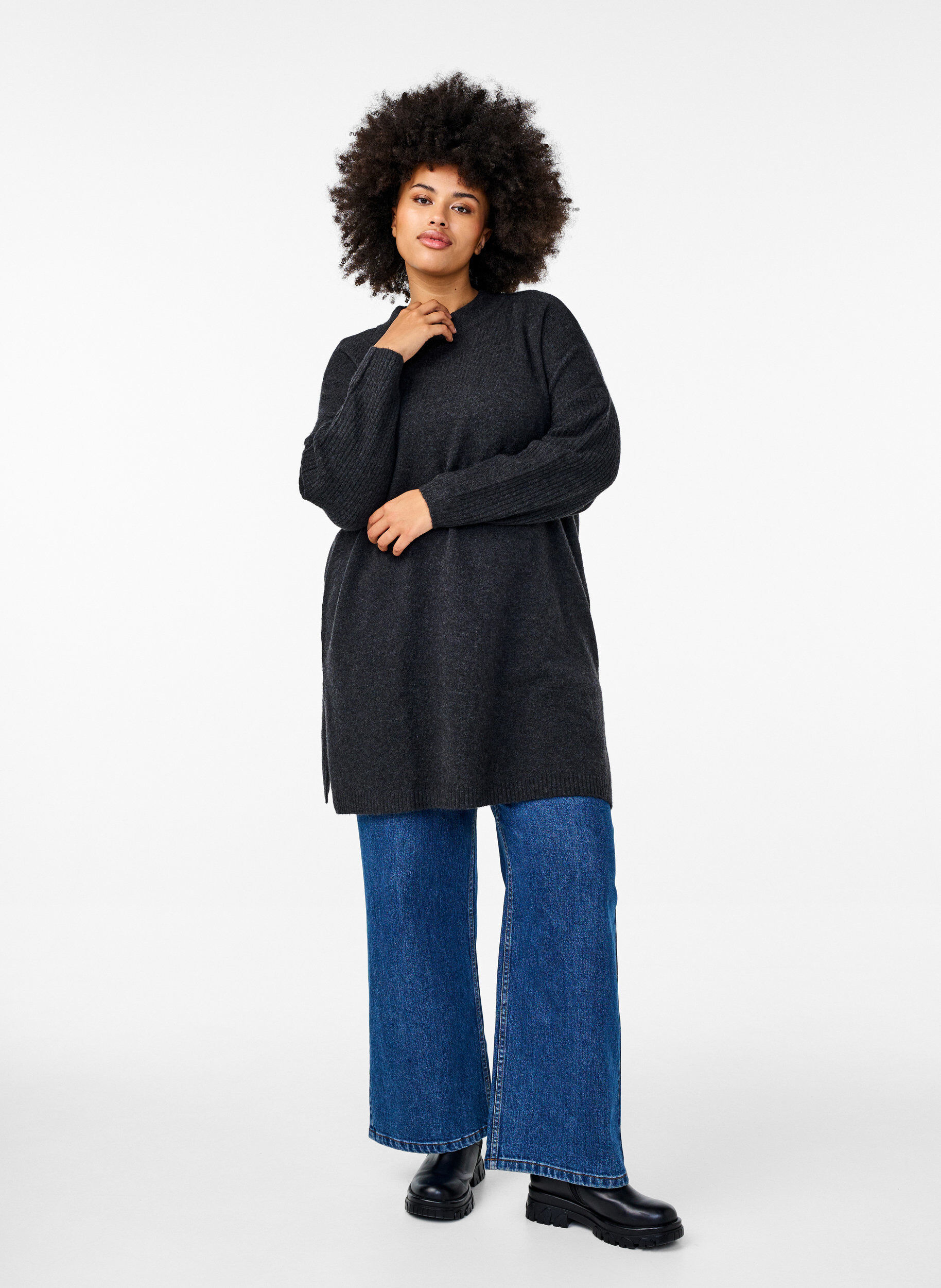 Zizzi Lange Strickbluse mit langen &Auml;rmeln, Dark Grey Melange, Model image number 2