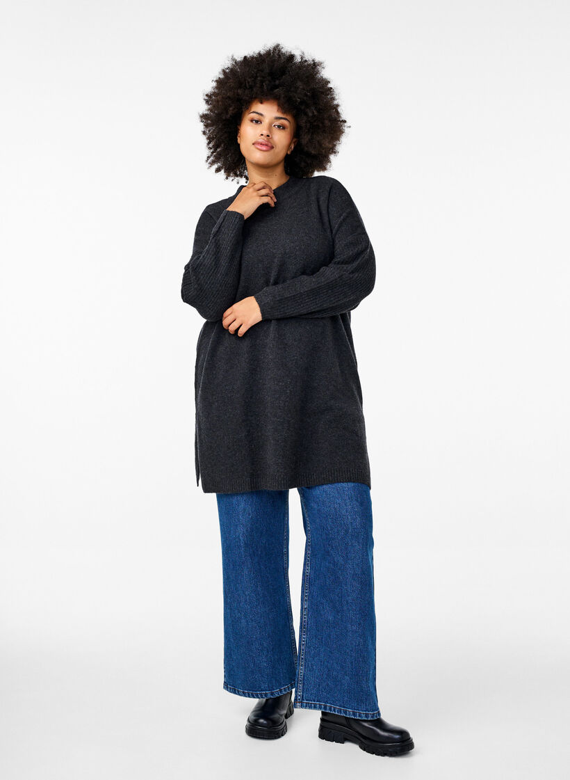 Lange Strickbluse mit langen Ärmeln, Dark Grey Melange, Model image number 2