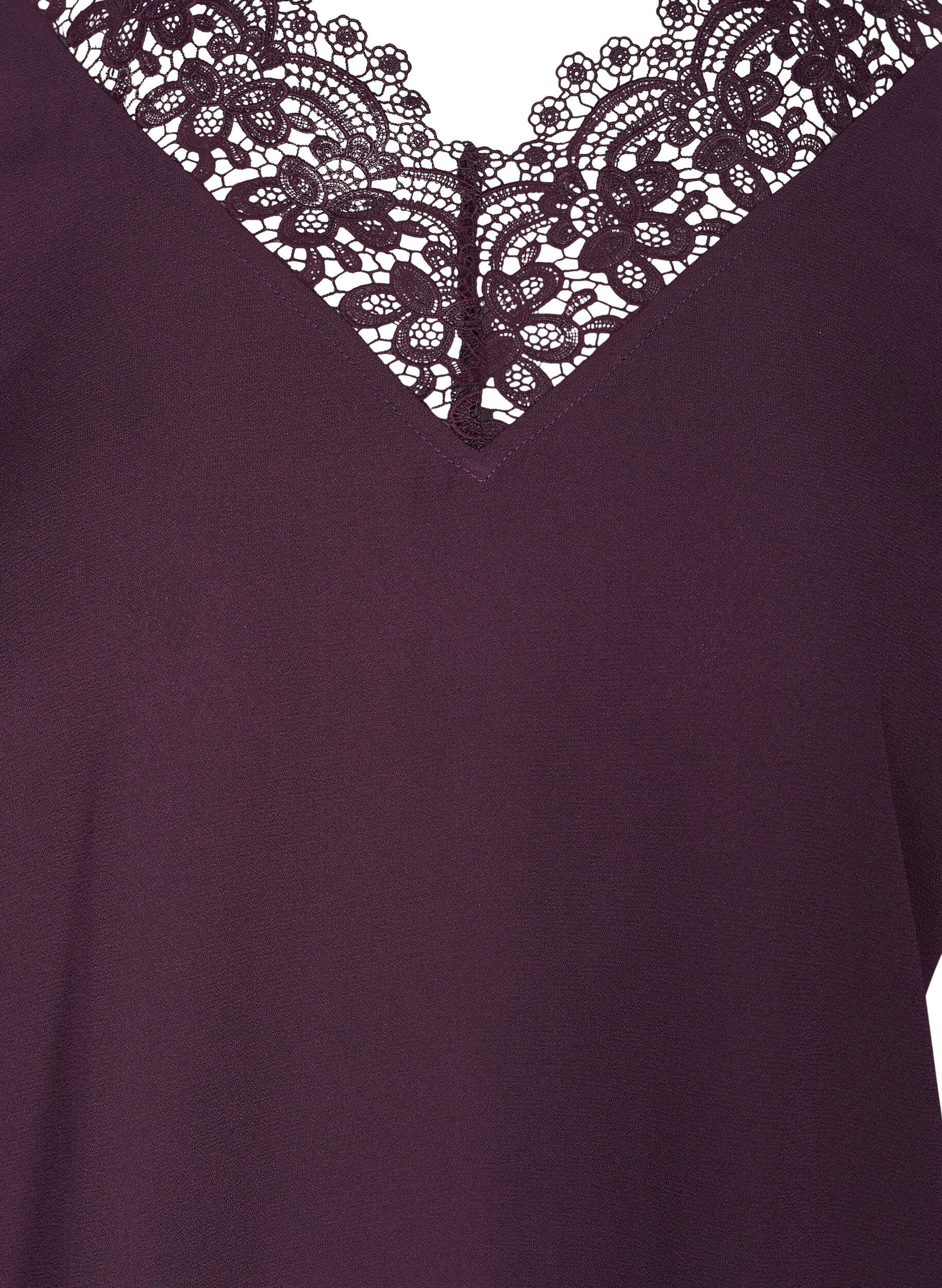 Zizzi Einfarbige Bluse mit Spitze und 3/4-&Auml;rmeln, Plum Perfect, Packshot image number 2