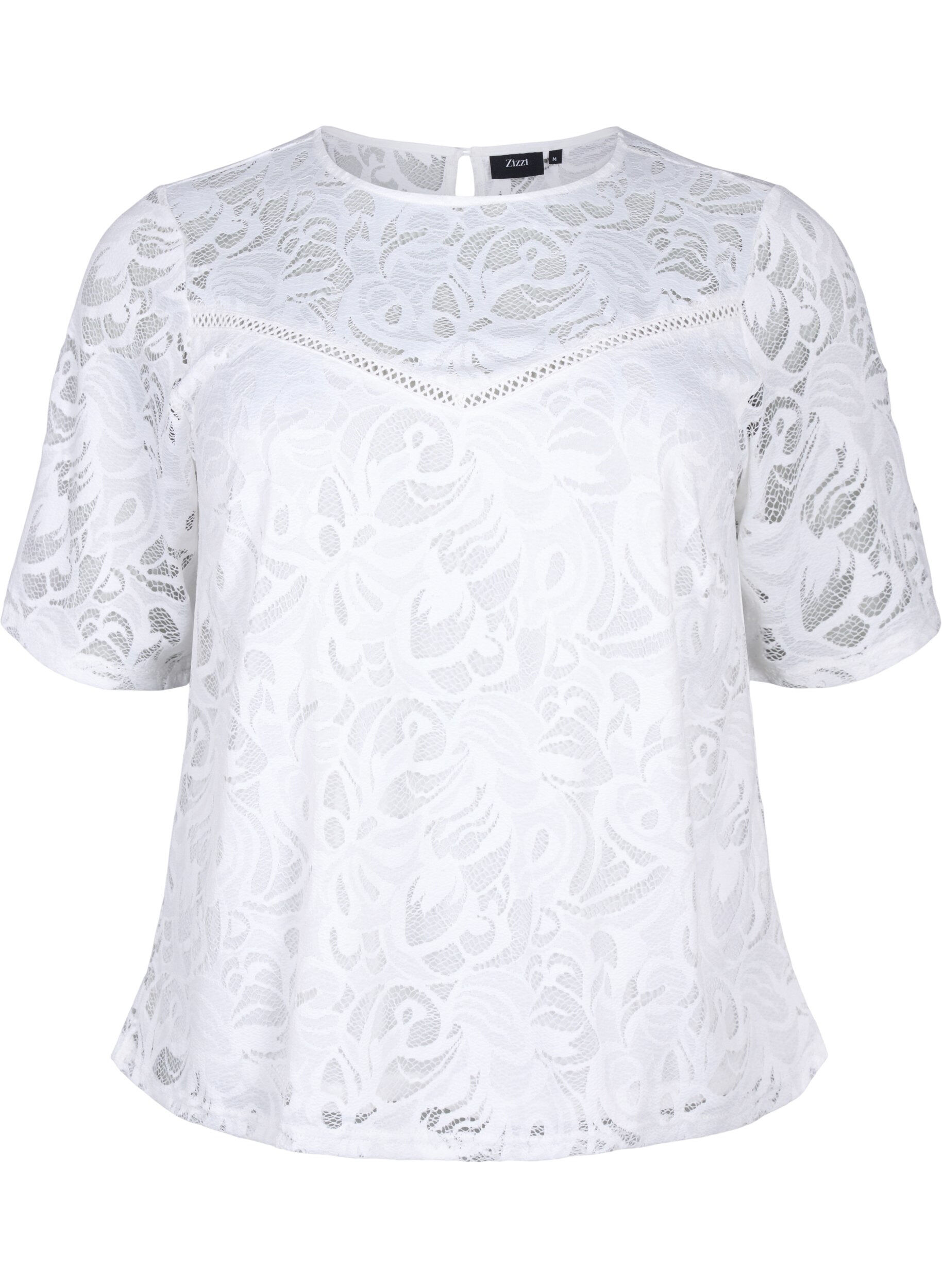 Zizzi Bluse mit Spitze und kurzen &Auml;rmeln, Bright White, Packshot image number 0