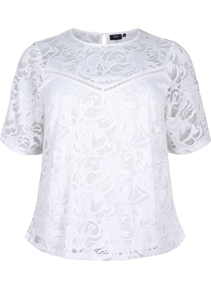 Bluse mit Spitze und kurzen Ärmeln, Bright White, Packshot image number 0