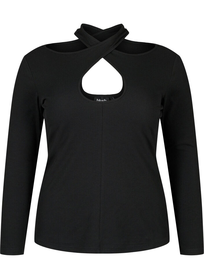 Ausschnittbluse mit langen Ärmeln, Black, Packshot image number 0