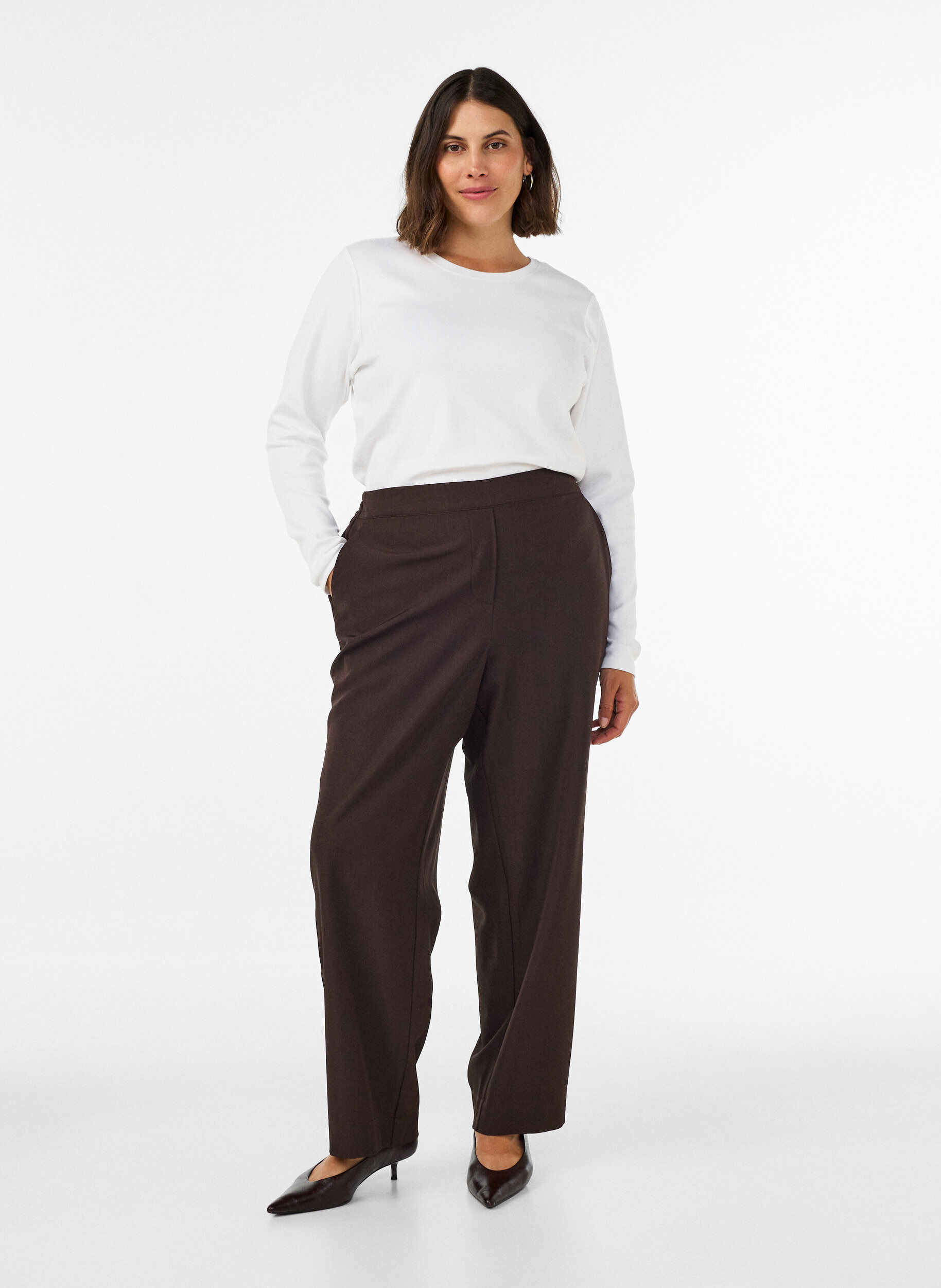 ZizziLangarm-Basic-T-Shirt mit Rundhalsausschnitt, Wei&szlig;, Model image number 1