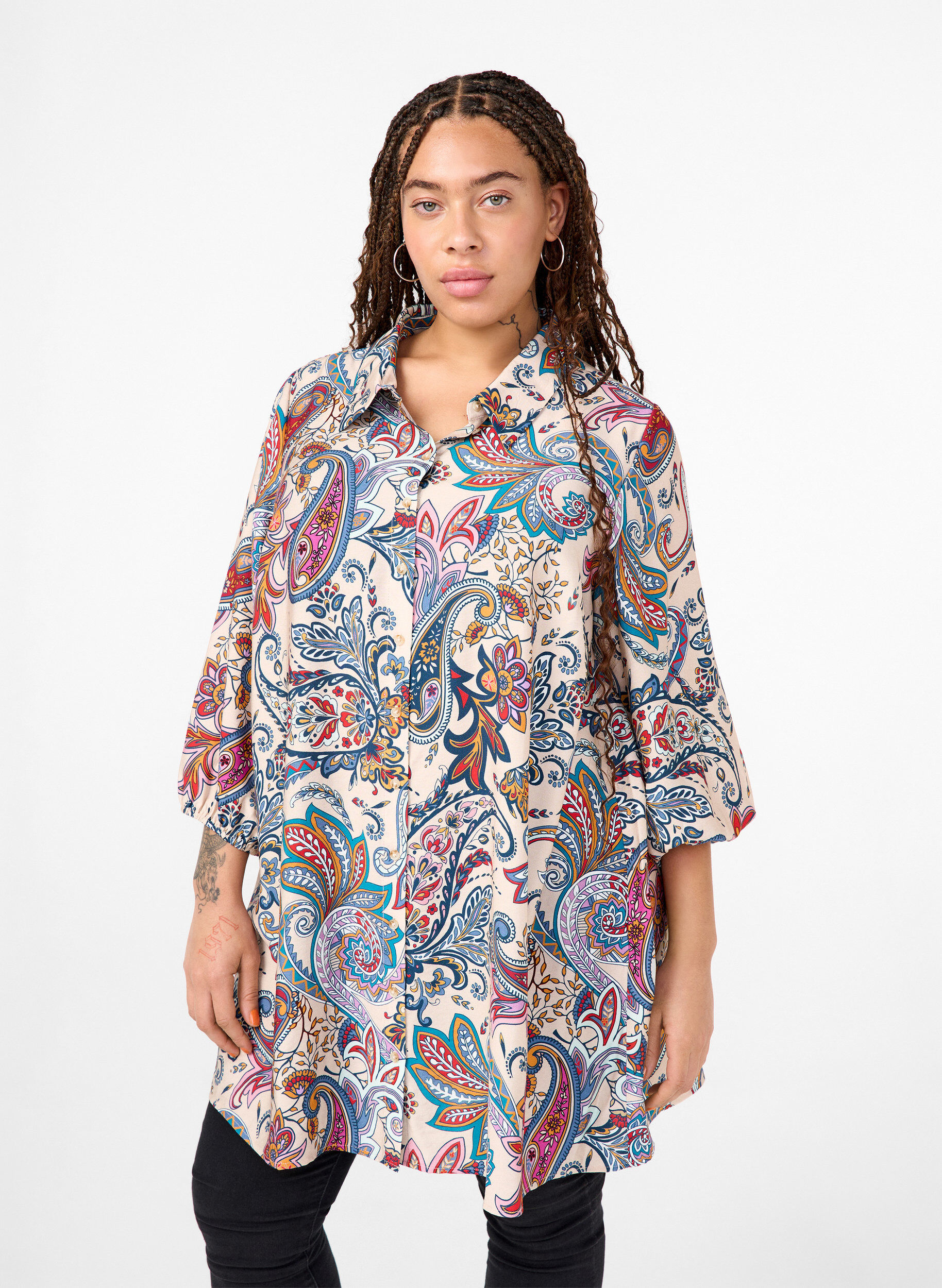 Zizzi Viskose-Tunika mit Paisley-Print und 3/4-&Auml;rmeln, Sand Do. Paisley AOP, Model image number 0