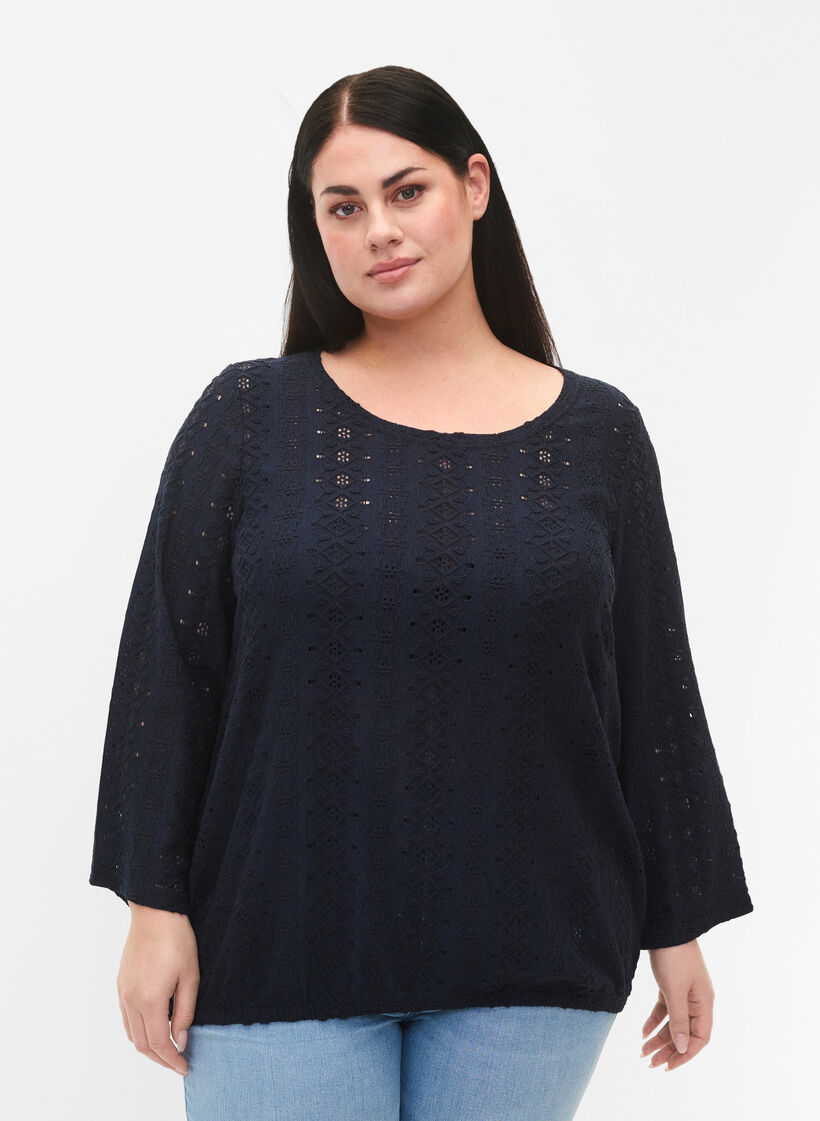 Bluse mit Anglaise-Stickerei und 7/8-Ärmeln, Navy Blazer, Model image number 0