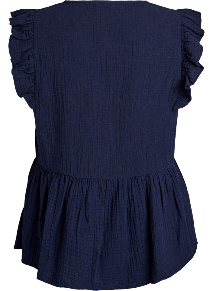 &Auml;rmellose Bluse aus Baumwoll-Musselin mit R&uuml;schen, Blau, Packshot image number 1