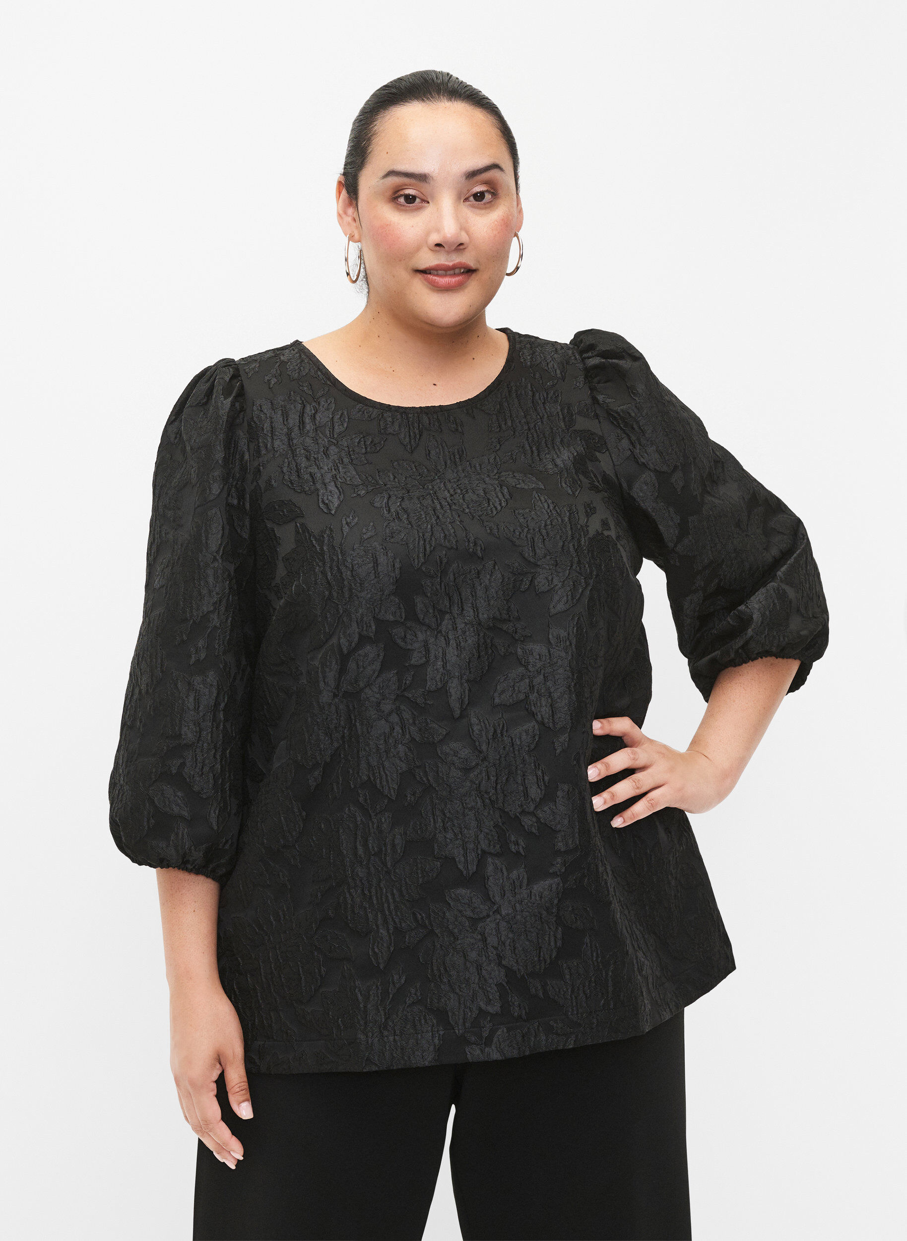  Jacquard-Bluse mit 3/4-&Auml;rmeln, Black, Model