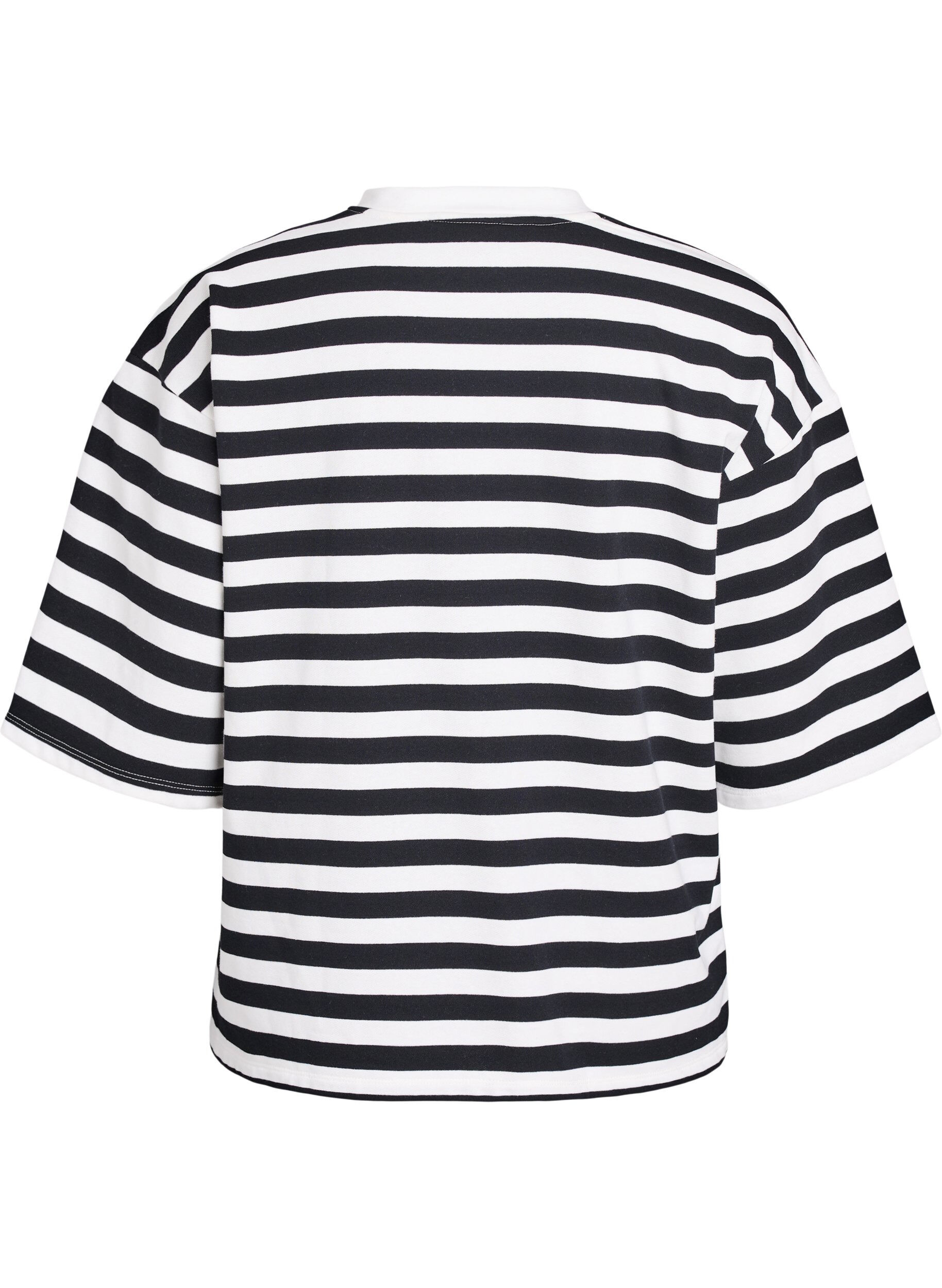 Zizzi Gestreifte Bluse mit 3/4 &Auml;rmeln und Knopfdetail, Schwarz, Packshot image number 1