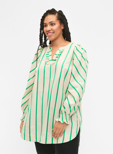 Gestreifte Tunika aus Baumwolle mit Smok und Rüschen, Beige Green Stripe, Model image number 0