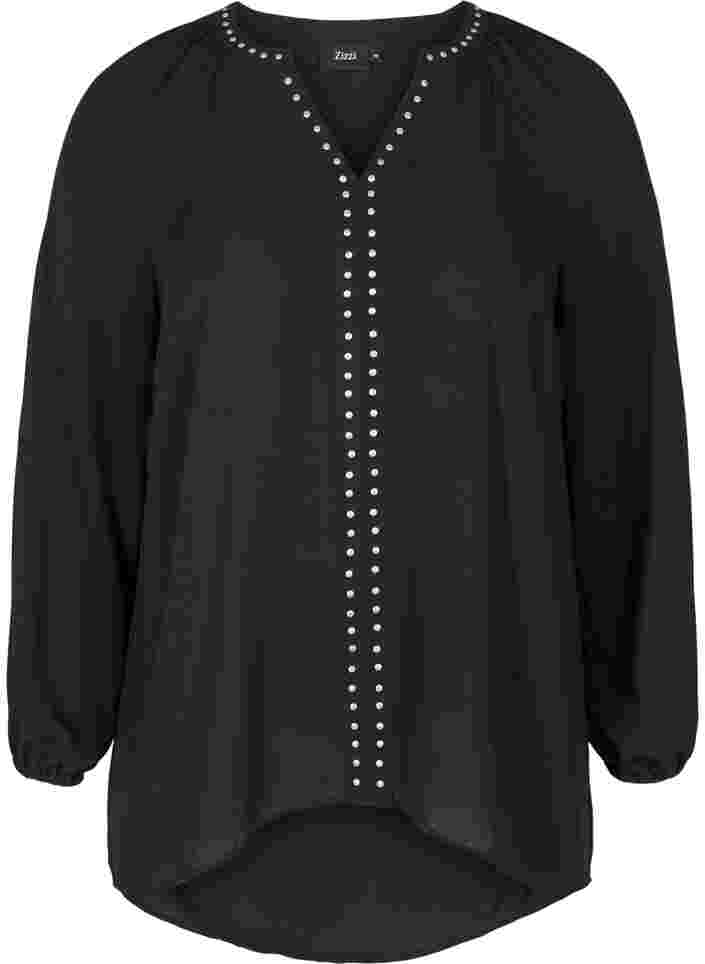 Langarm Bluse mit V-Ausschnitt und Nieten, Black, Packshot image number 0