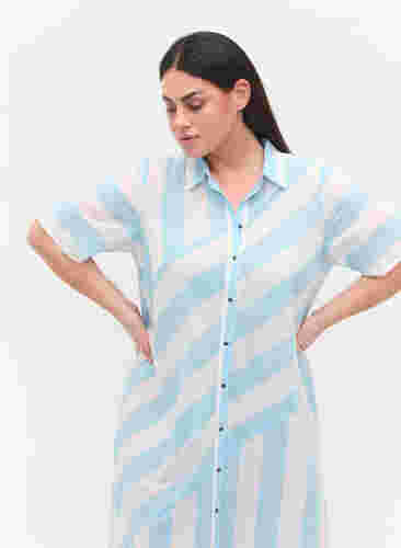 Kurzärmeliges Hemdkleid aus Baumwolle mit Streifen, Blue Bell Stripe, Model image number 1