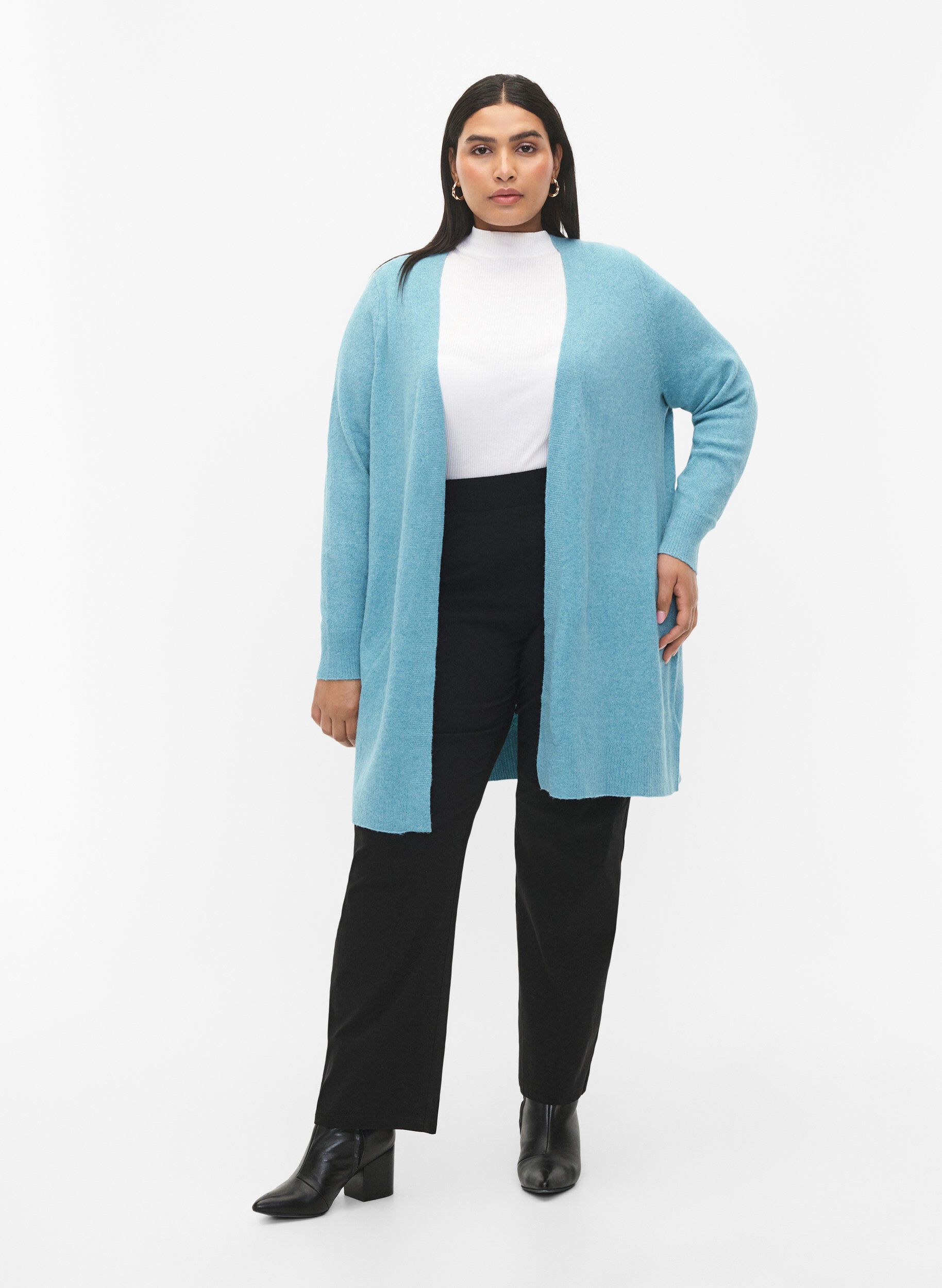 Zizzi Lange Strickjacke mit offener Vorderseite, Reef Water Mel., Model image number 2