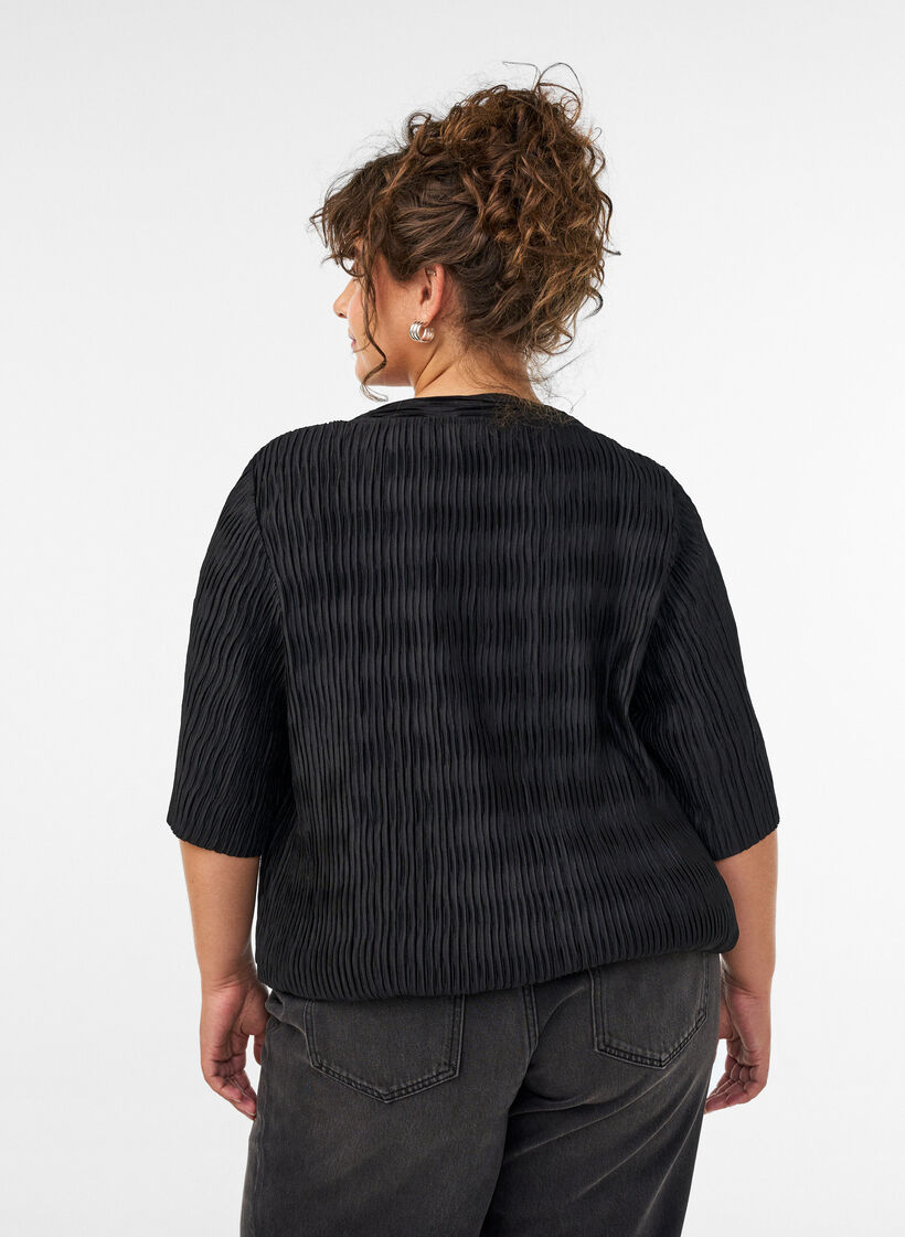 Bluse mit welliger Struktur und Ballonform, Schwarz, Model image number 2