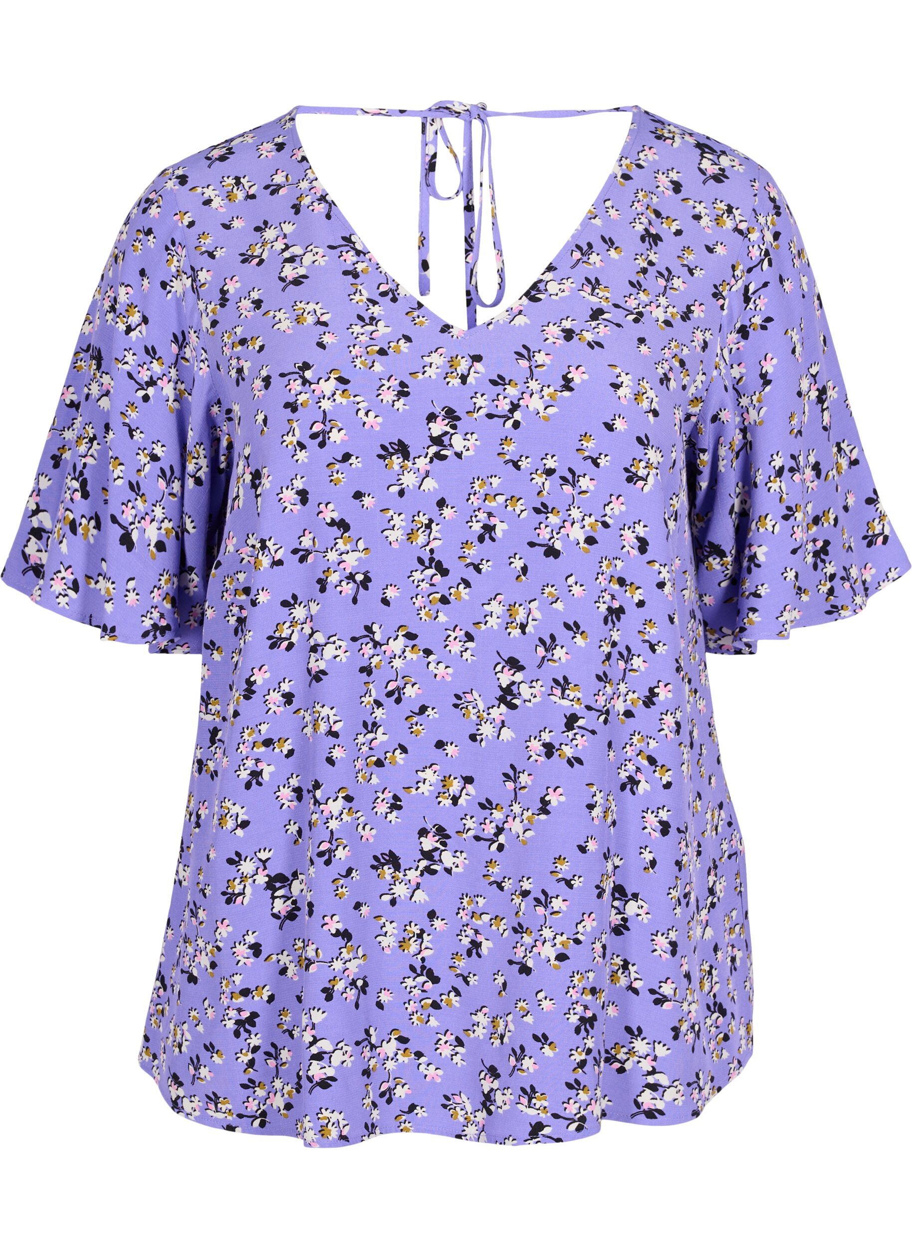 Zizzi Gebl&uuml;mte Viskosebluse mit Schnurdetail, Lilac Flower Print, Packshot image number 0