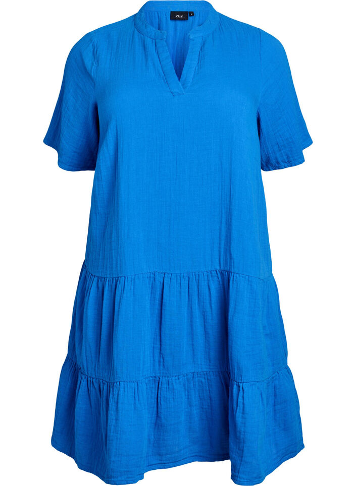 Kurzes A-Linien-Kleid aus Baumwollmusselin, Blau, Packshot image number 0