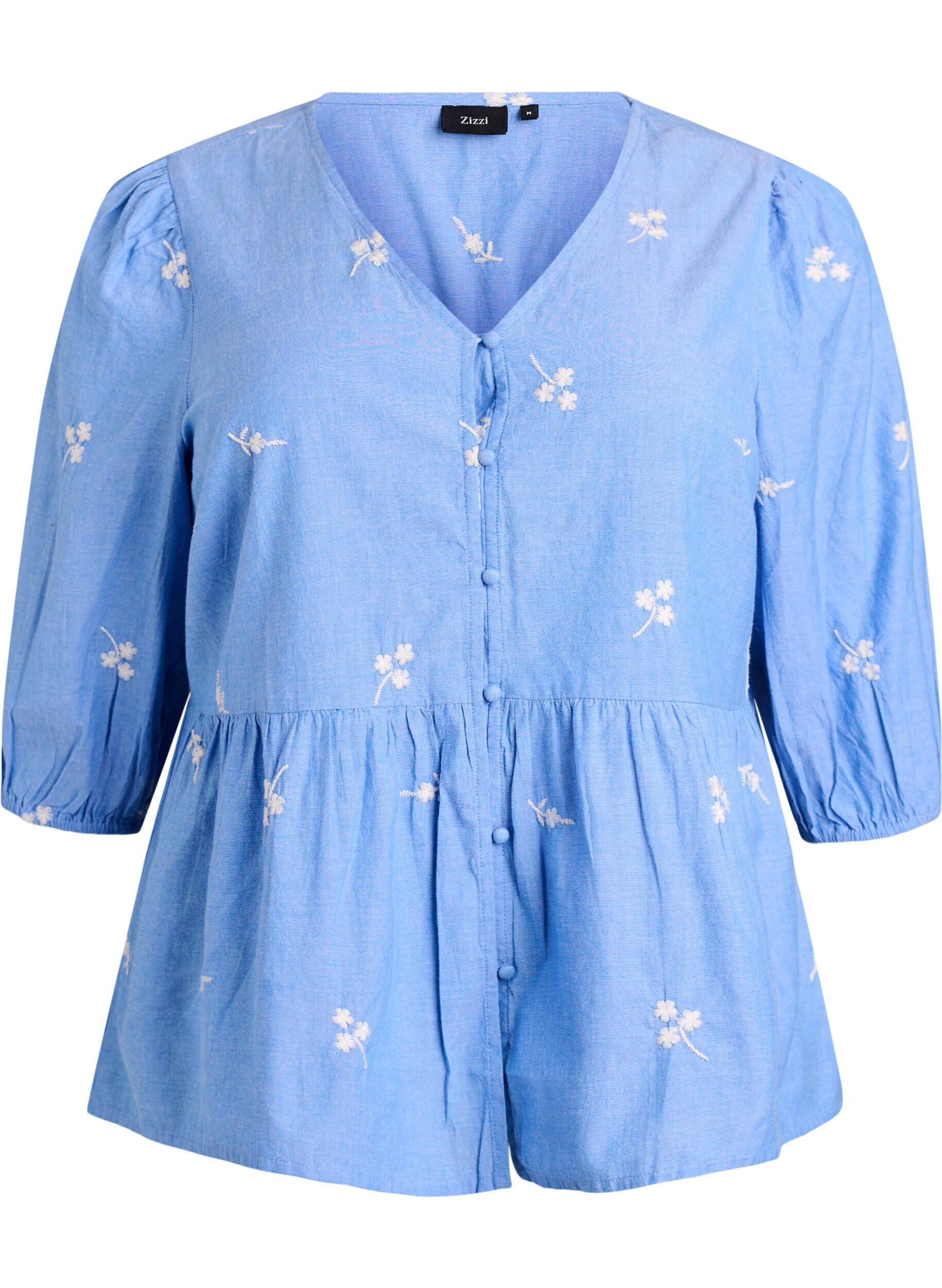 ZizziBluse aus Baumwolle mit gestickten Blumen und Knopfverschluss, Blau, Packshot image number 0