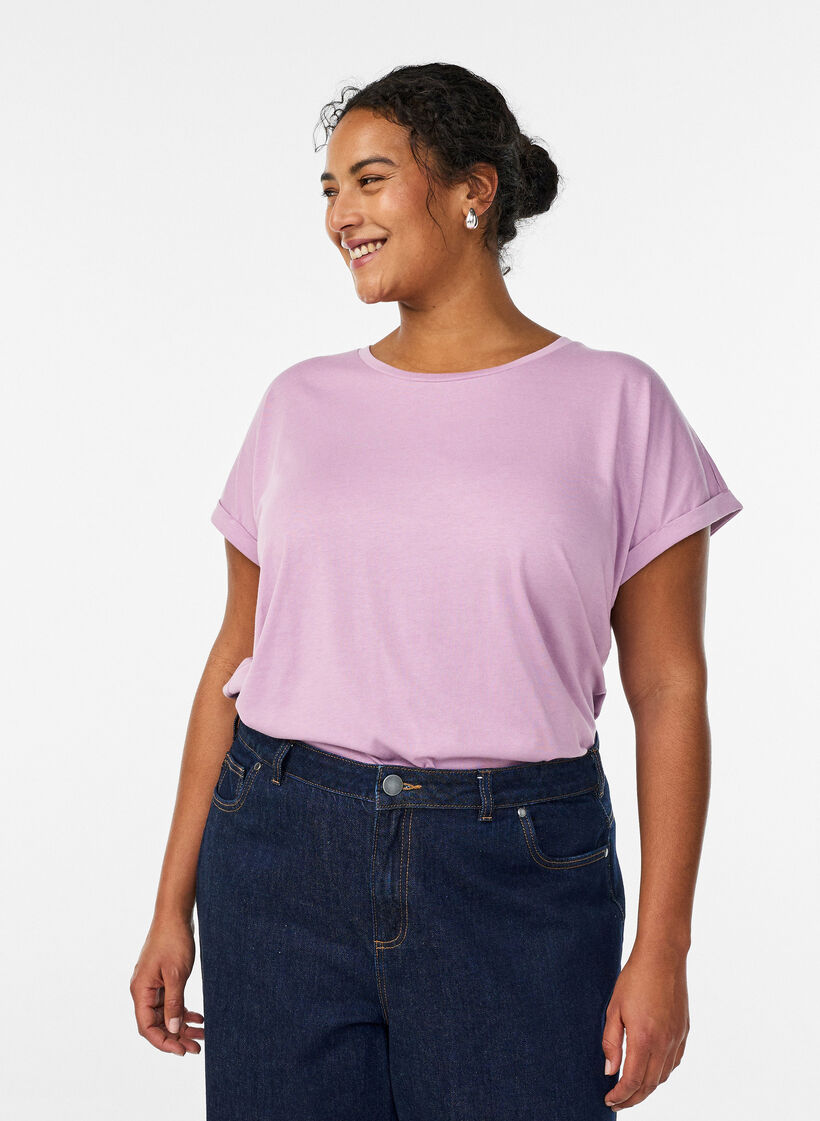 Kurz&auml;rmeliges T-Shirt aus einer Baumwollmischung, lila, Model image number 0