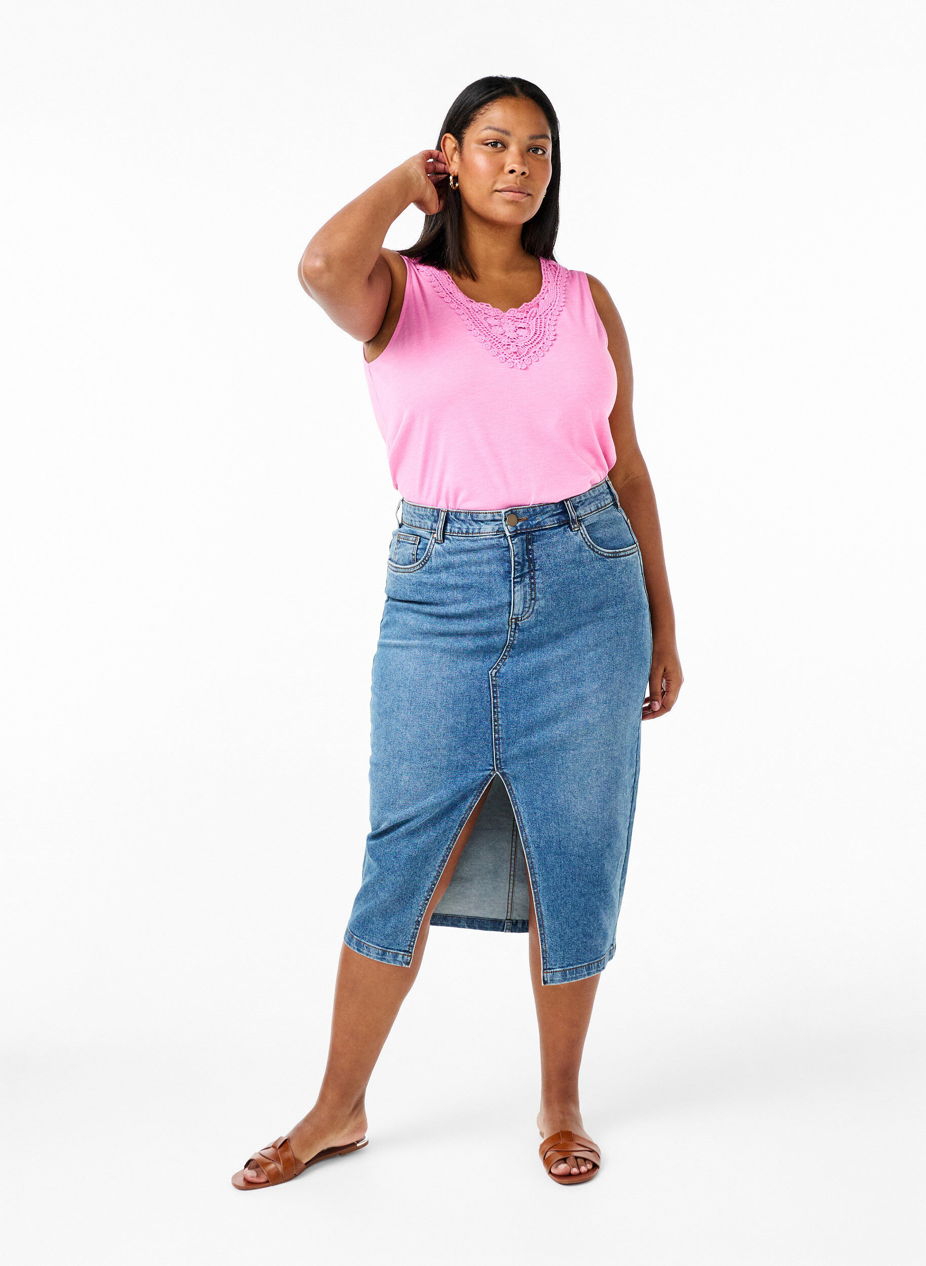 Zizzi &Auml;rmelloses Top mit Spitze, Rosebloom, Model image number 2