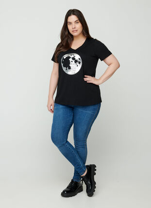 Baumwoll-T-Shirt mit Pailletten, Black, Model image number 2