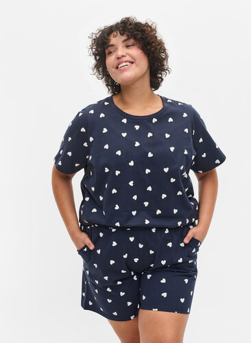 Kurzarm Pyjama-T-Shirt aus Baumwolle, Navy Blazer AOP, Model image number 0