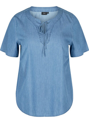 Kurzarm Denim Bluse aus Baumwolle, Medium Blue Denim, Packshot image number 0