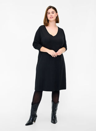 Einfarbiges Kleid mit V-Ausschnitt und langen Ärmeln, Black, Model image number 2