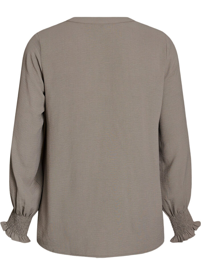 Bluse mit Smockb&uuml;ndchen und V-Ausschnitt, Beige, Packshot image number 1