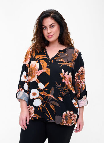 Bluse aus 100% Viskose mit Blumendruck, Black Flower AOP, Model image number 0
