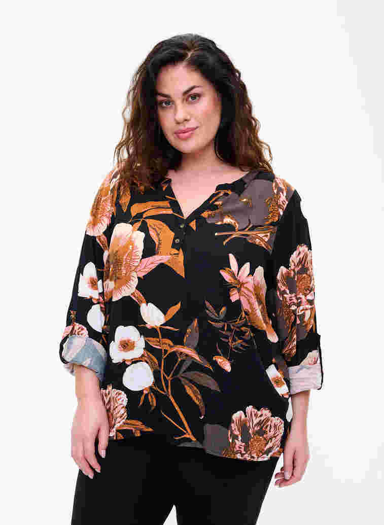 Bluse aus 100% Viskose mit Blumendruck, Black Flower AOP, Model