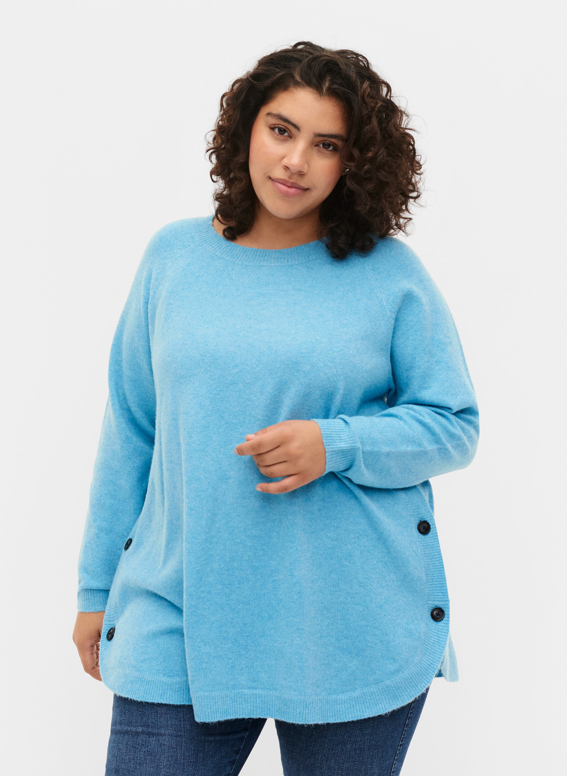 Zizzi Strickbluse mit Knopfdetails, River Blue WhiteMel., Model image number 0