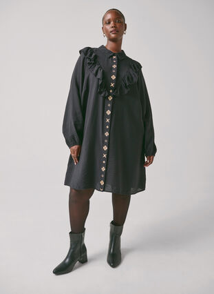 Hemdblusenkleid mit Rüschen und Stickereien - Schwarz - Gr. S - Zizzi