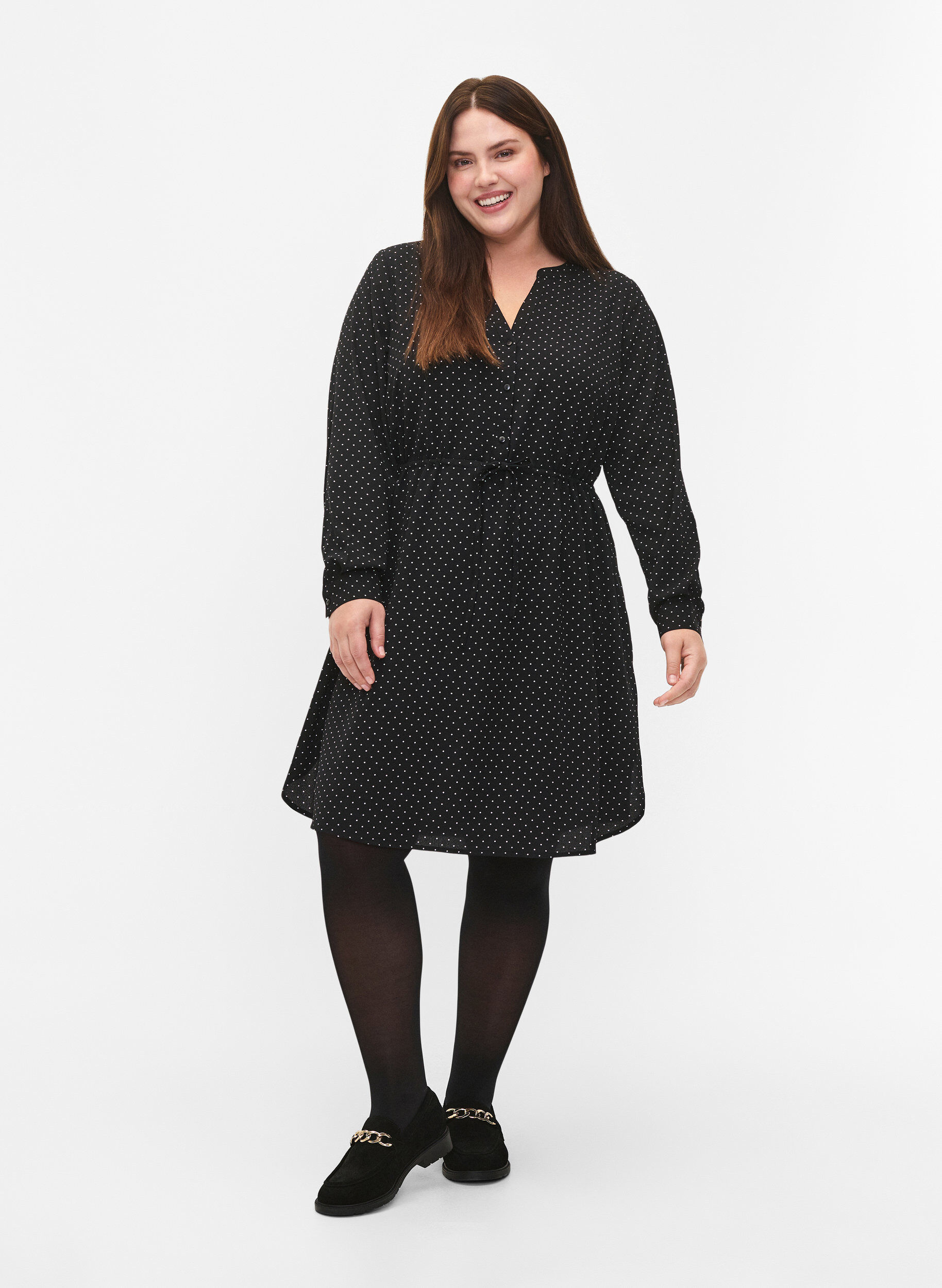 Zizzi Bedrucktes Kleid mit Kordelzug an der Taille, Black Dot, Model image number 2