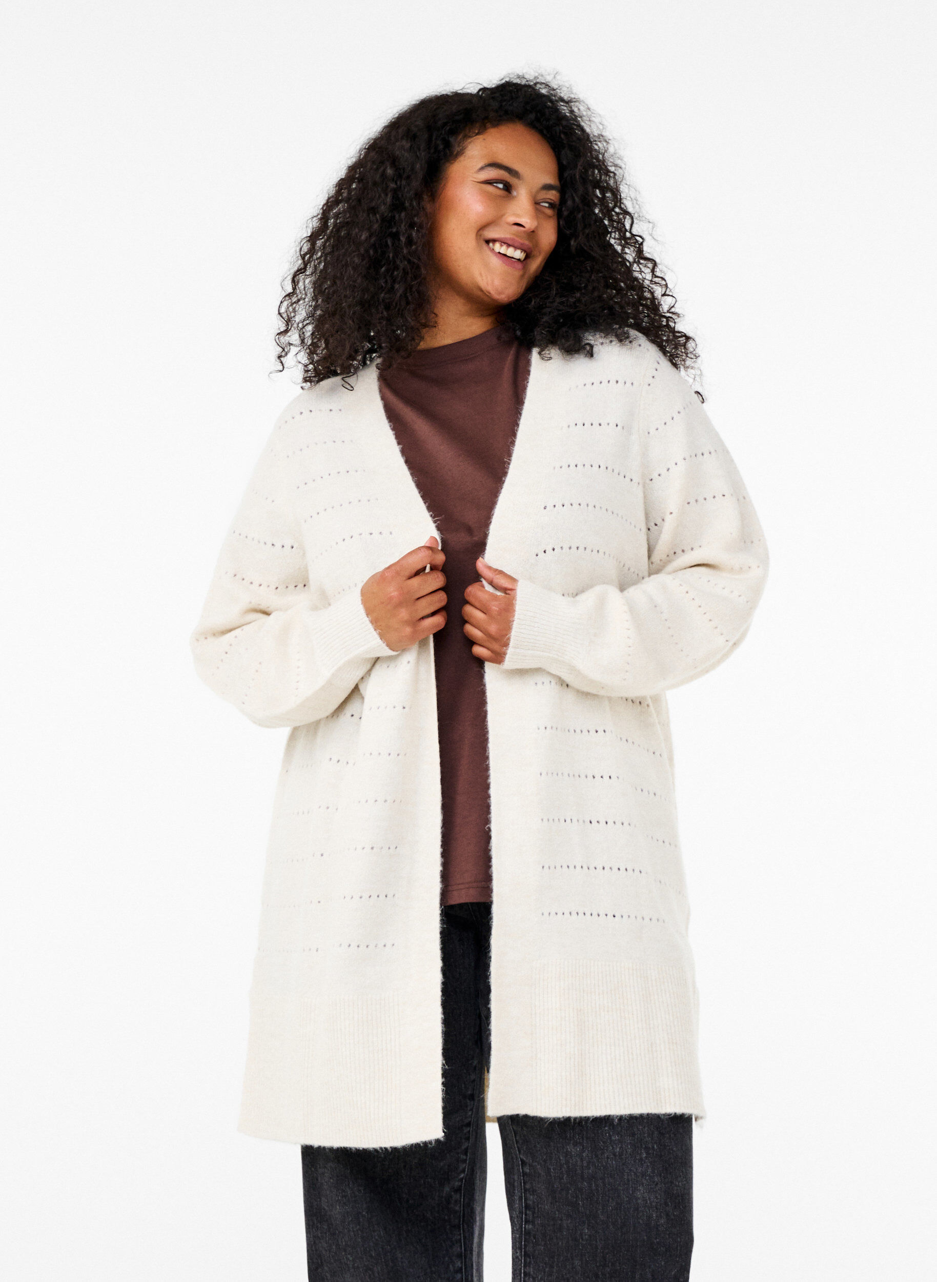 Zizzi Lange Strickjacke aus Strick mit Lochmuster, Birch Mel., Model image number 0