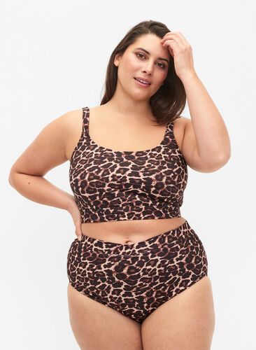 Bikini-Hose mit Print und hoher Taille, Autentic Leopard, Model image number 0