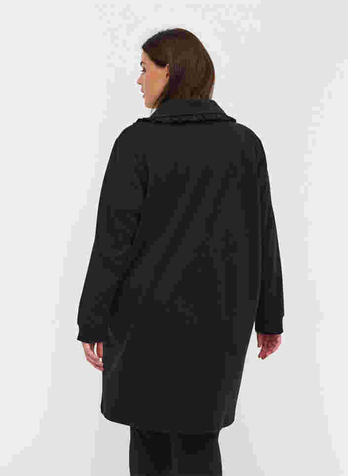 Lange Jacke mit breitem Kragen und Rüschendetails, Black, Model image number 1