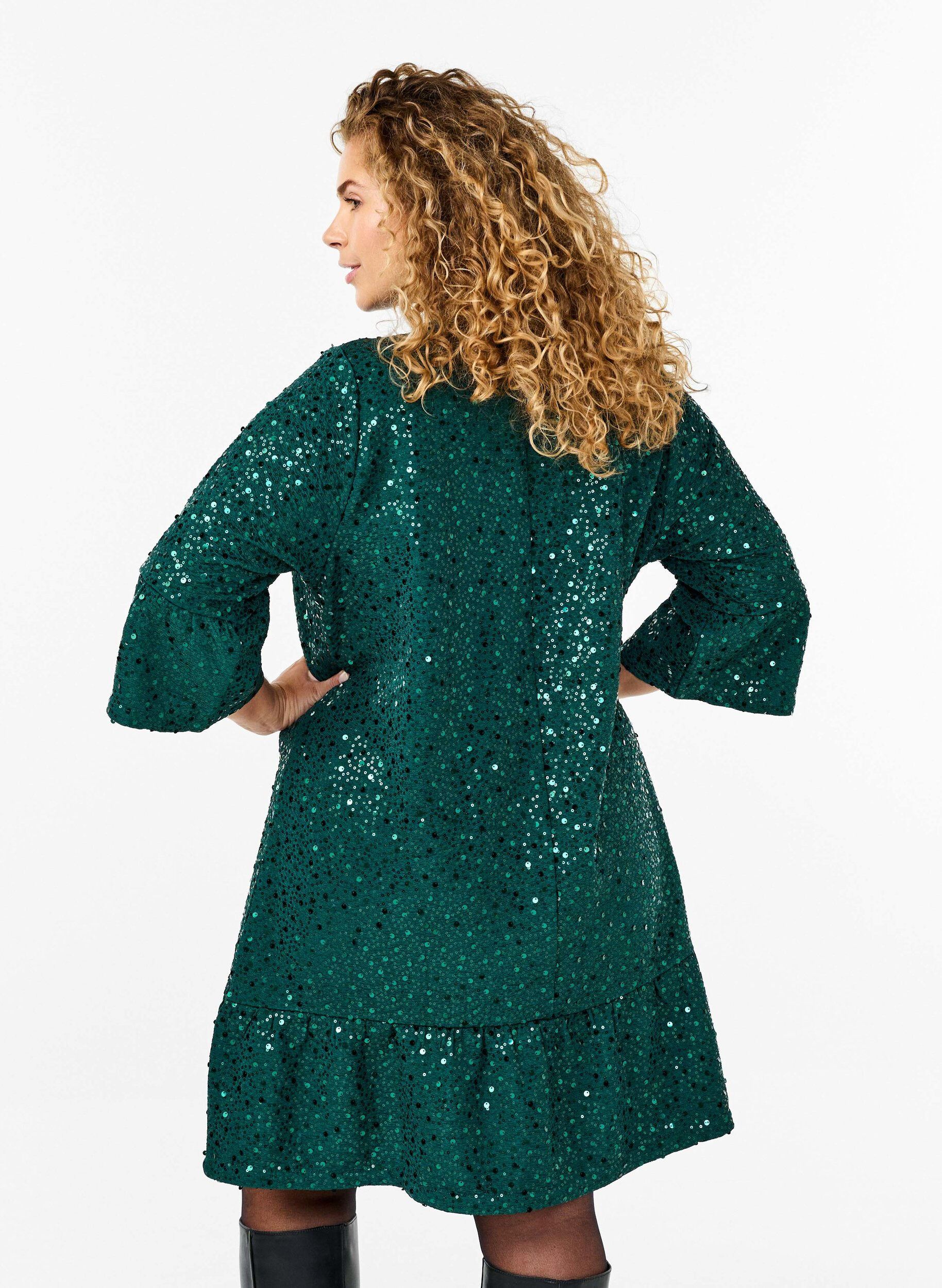 Zizzi Paillettenkleid mit V-Ausschnitt und 3/4-&Auml;rmeln, Rain Forest, Model image number 1