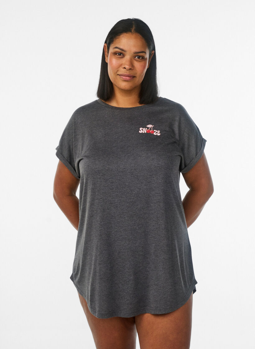 Kurz&auml;rmliges Nachthemd mit Textdruck, Schwarz, Model image number 0