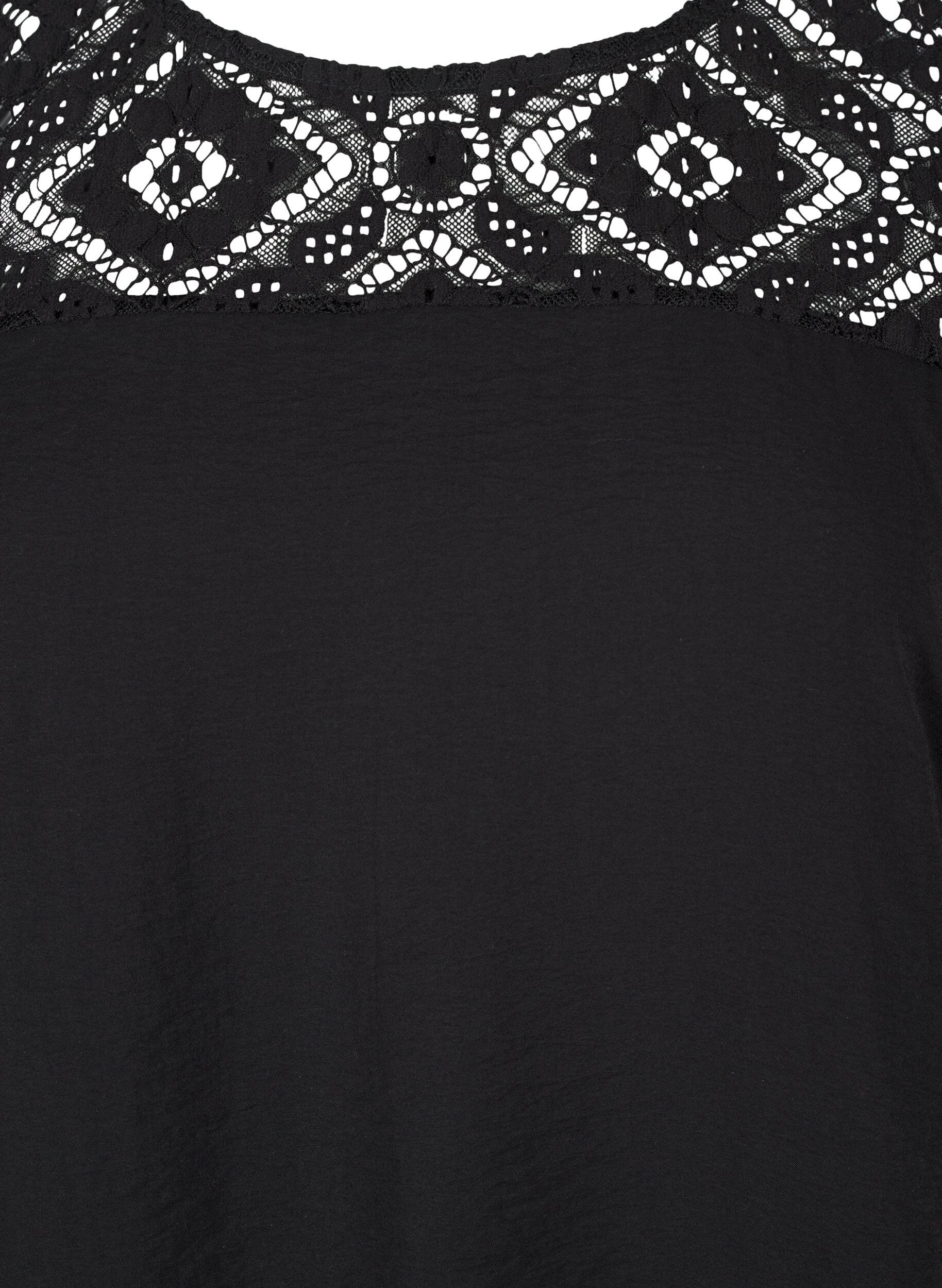 Zizzi Kurz&auml;rmelige Viskosebluse mit Spitzendetail, Black, Packshot image number 2