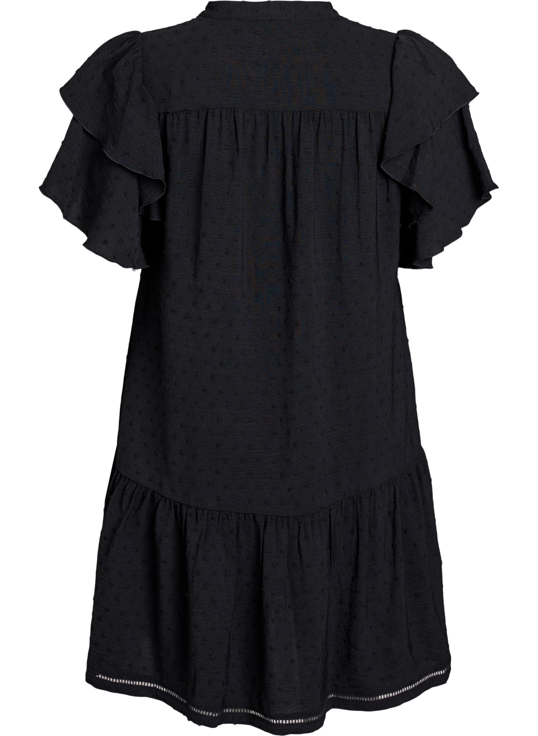 Zizzi Kleid mit R&uuml;schen&auml;rmeln und gepunkteter Textur, Black, Packshot image number 1